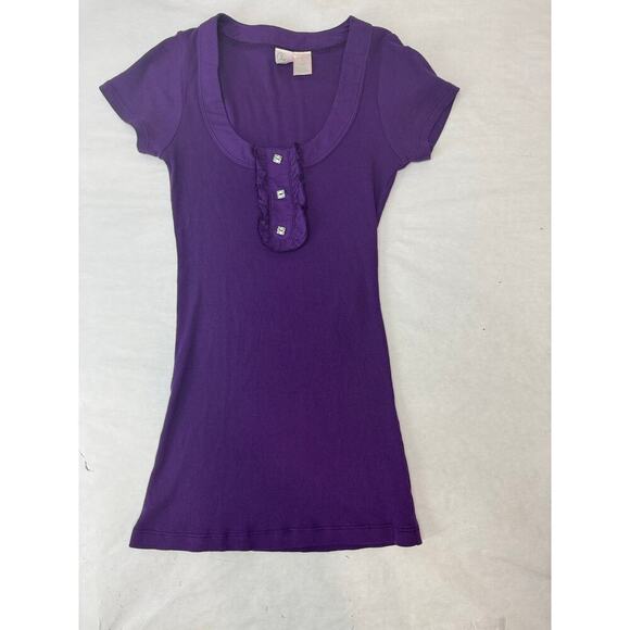 Vintage Y2K Aqua Rhinestones Fitted Ribbed 2000s Made USA Scoop Neckline Small - Picture 1 of 7